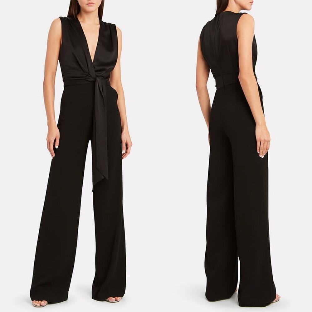 Jonathan Simkhai Cady V-Neck Satin Combo Wide Leg Jumpsuit Black Size 0